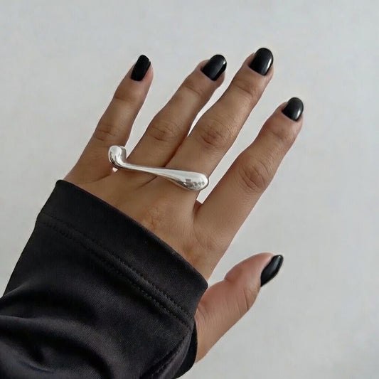 Daria, Double finger droplet style, open ring Gold Plated Stainless Steel with PVD Coated Waterproof Non Tarnish Plating in silver