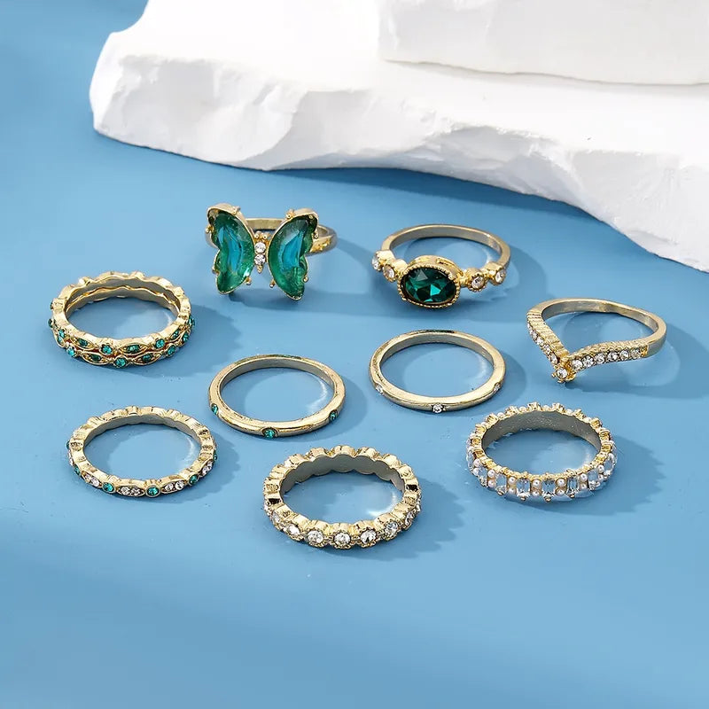 Emerald, Personalized Creative Green Collection Open Ring Set,  9-Piece Stackable