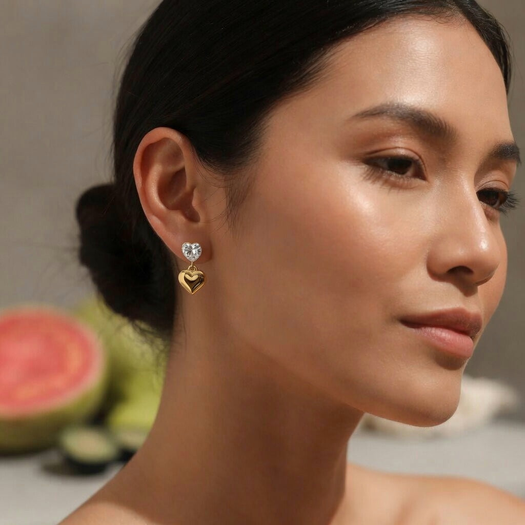 Asia, Real Gold Plated Stainless Steel PVD Coated Heart Shape Drop Ear Studs For Women's