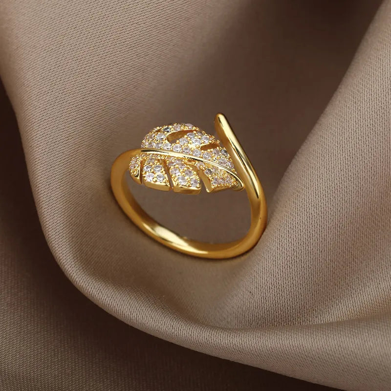 Sophie, Stainless Steel Leaf Design PVD Coated / Gold Plated Elegant Retro Lady Waterproof Non Tarnish Plating Open Rings in Gold