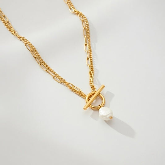 Faux Pearl Titanium Steel Layered Gold Plated Artificial Pearls Pendant Necklace