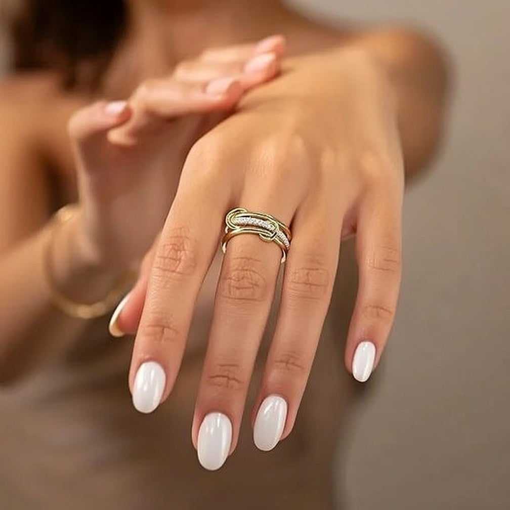 Aurora, Layered Stainless Steel Full Drill Quad Ring Interlocking Double Color Multi Element New Design Geometric Pattern Women's Ring