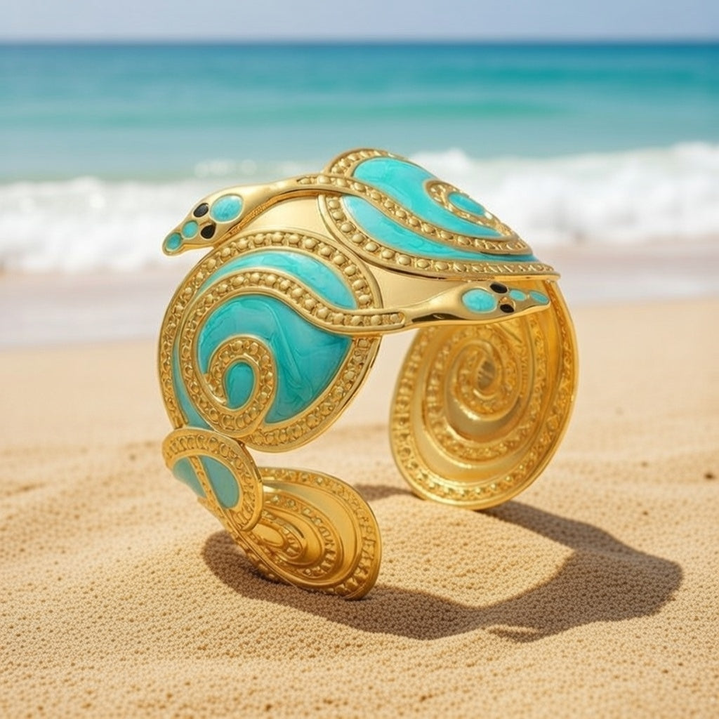 Caribbean Nights, Real Gold Plated Vacuum Electroplating, Turquoise/Gold Snake Shape Stainless Steel Bracelet