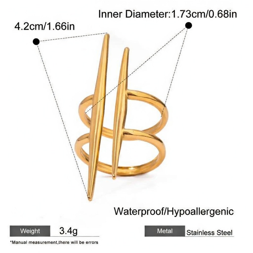 Simone, Parallel Double-Layer Lines PVD Coated Real Gold Plated Stainless Steel Ring (Open Ring)