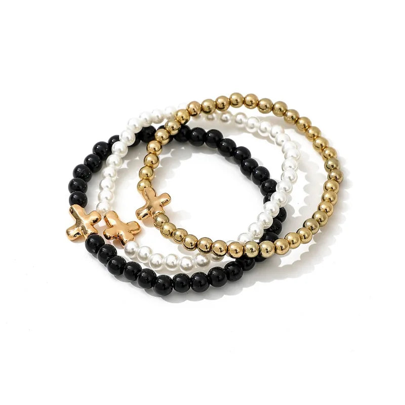 SET OF 3 Imitation Black Pearl Bead CCB Gold Bead Bracelet
