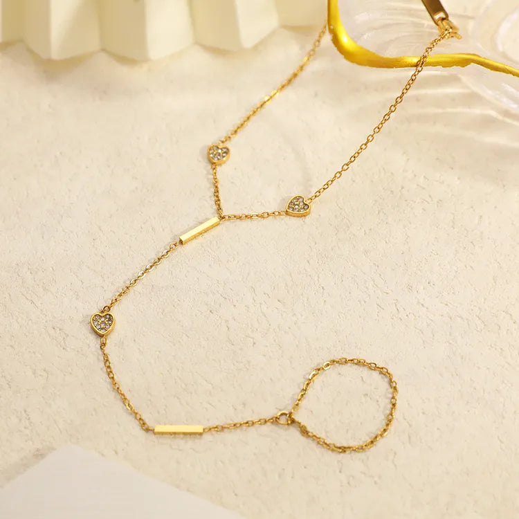 Heart-Shaped Full Diamond Geometric Line O-Chain, 18K Gold Plated, Stainless Steel Vacuum Electroplated Back Of Hand Bracelet Chain