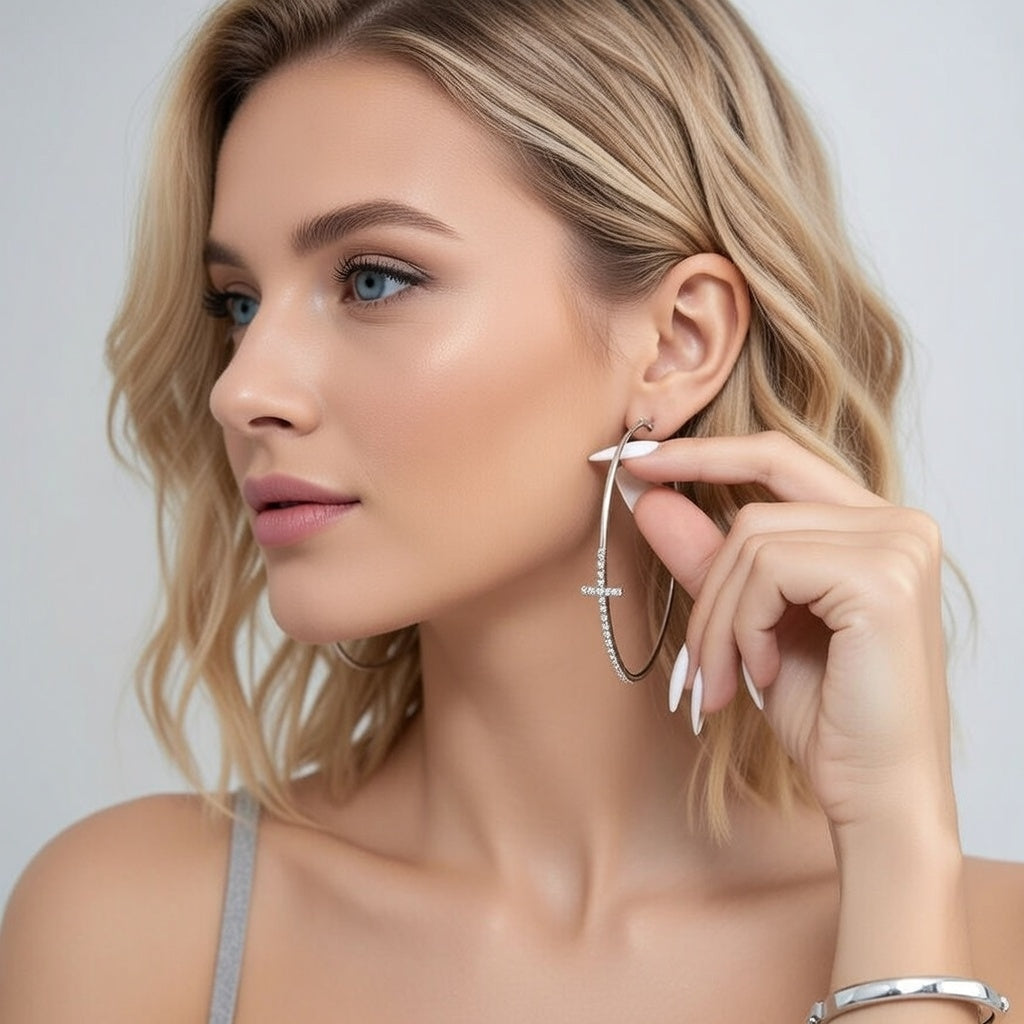 Nyx, Large Hoop Earrings With Cross Inlaid Shiny Diamonds Slim Fit