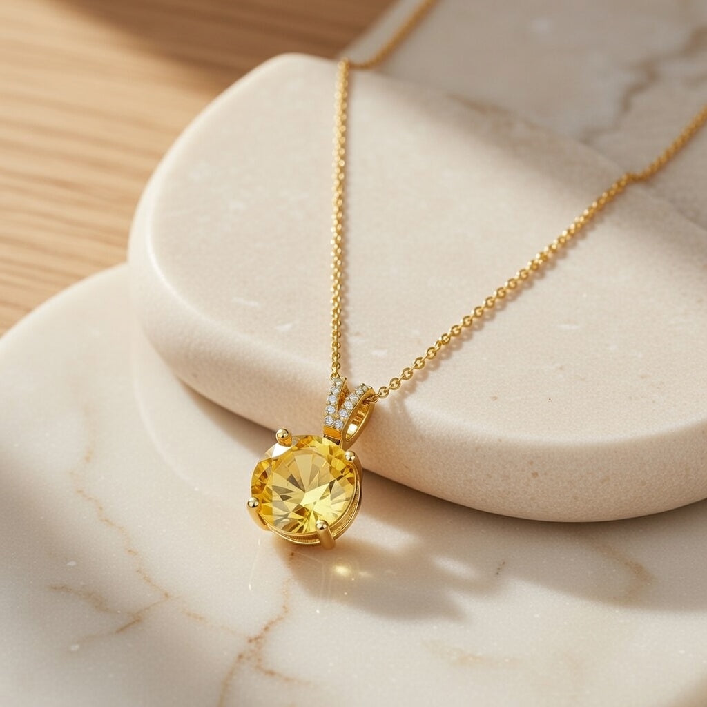 Cindy, Yellow Stone Stainless Steel Plating Inlay Zircon Pendant Necklace
