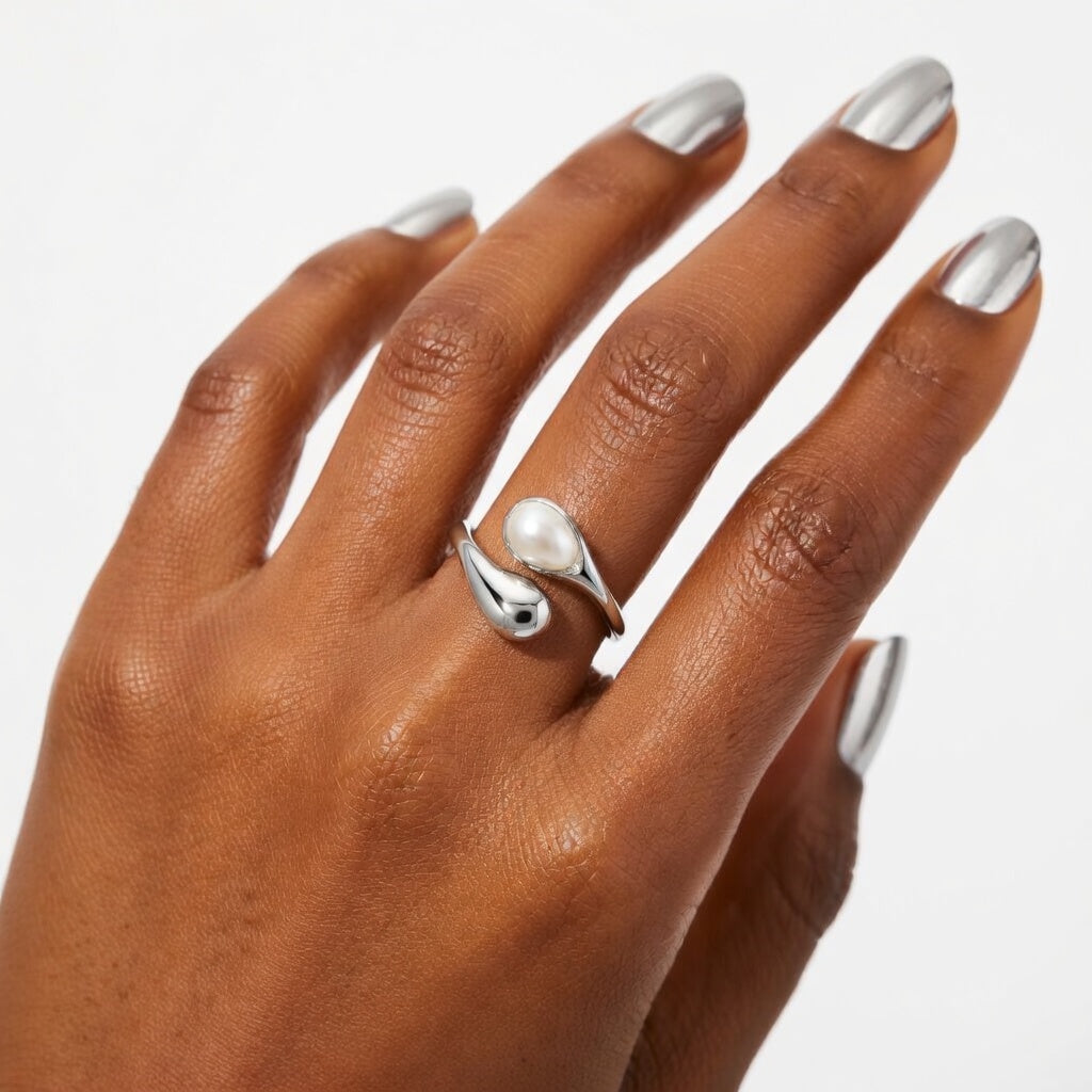 Eliza, Gold Plated Stainless Steel Ion Plating (IP) Pearl Tiger Eye Geometric Waterproof Non Tarnish, Open Ring In Steel