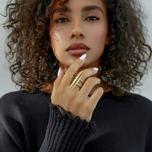 Parallel Double-Layer Lines PVD Coated Real Gold Plated Stainless Steel Ring (Open Ring Fits Like 6/7/8)