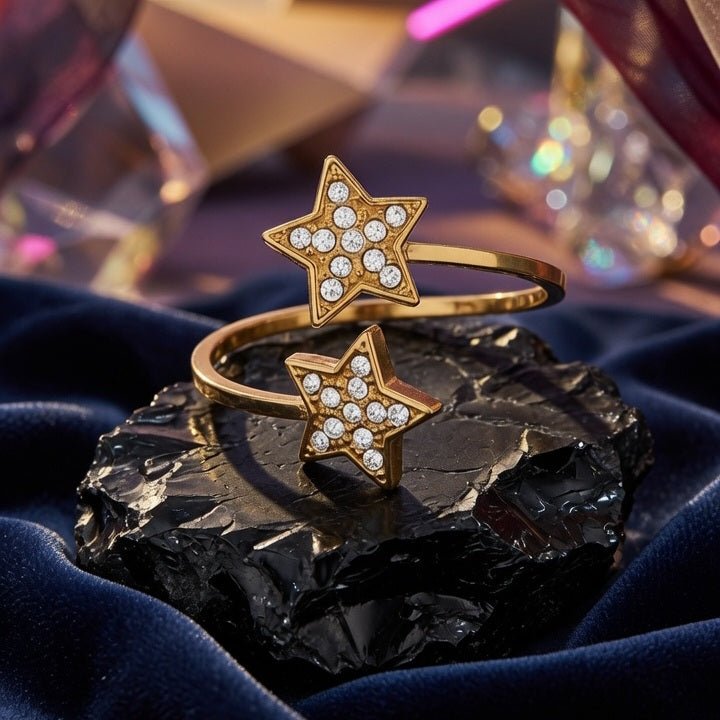 Open Ring Stainless Steel Material Double Star Diamond Inlaid, Gold Plating