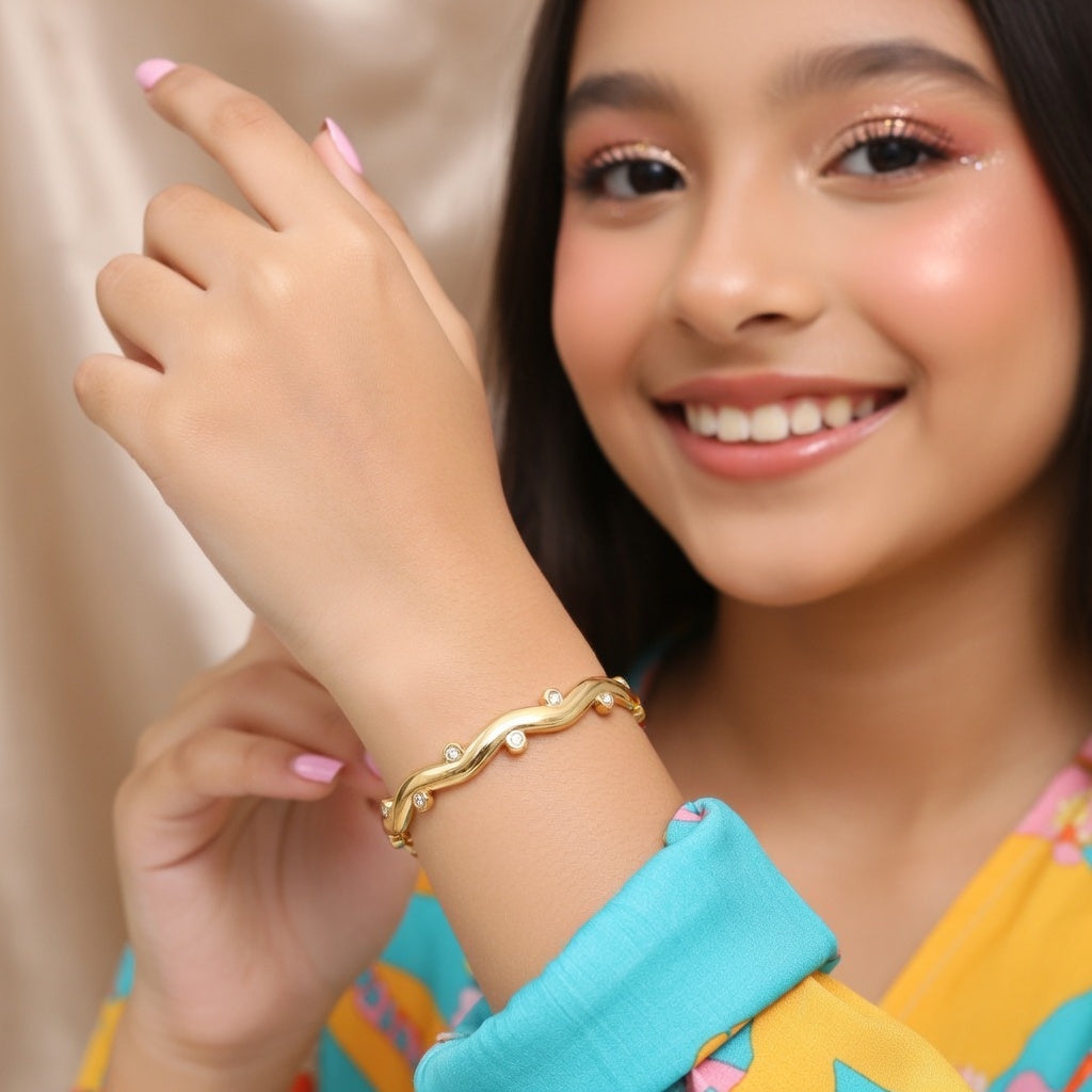 Jamila, Studded Gold Plated, PVD coated bangle bracelet