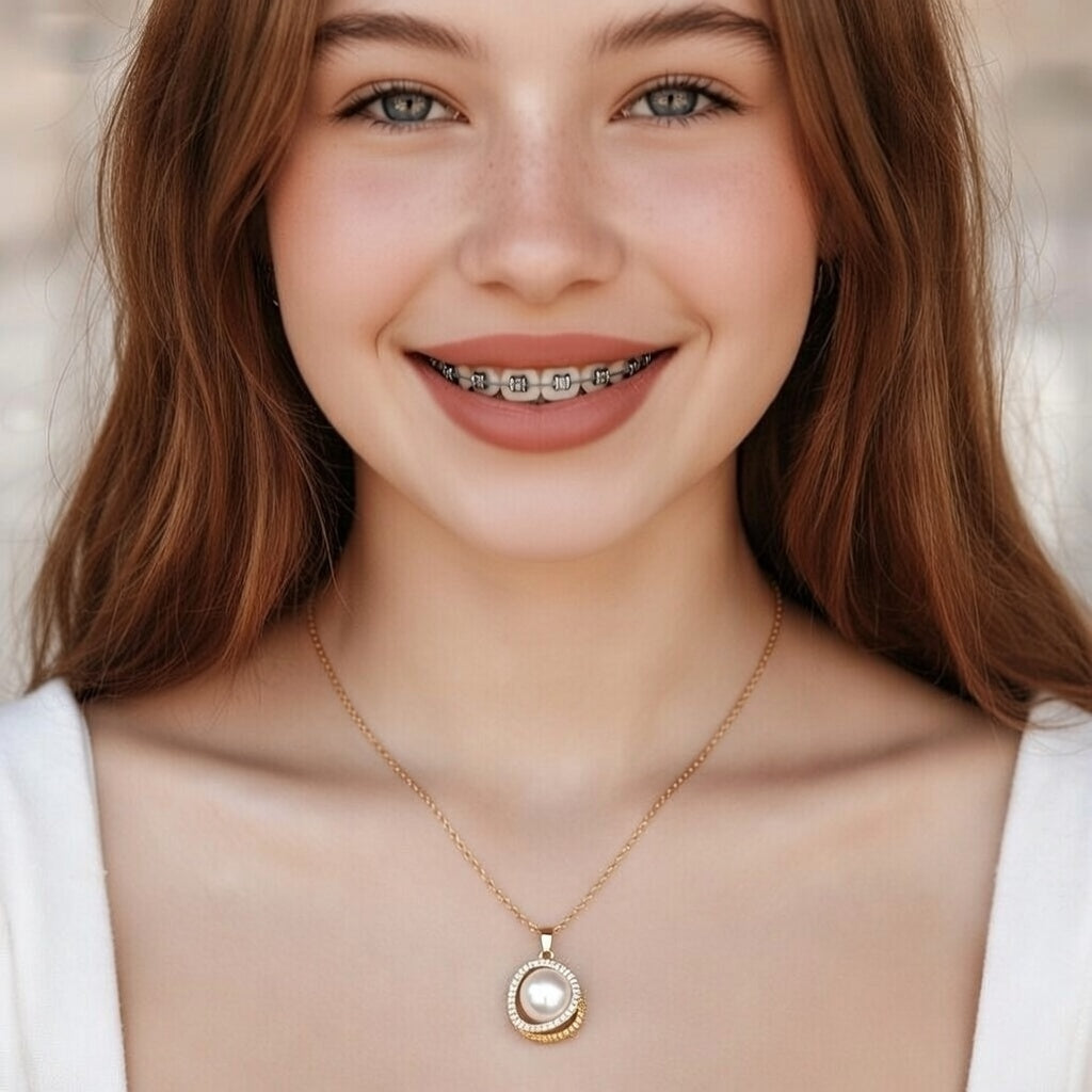 Round Titanium Steel Artificial Pearls Zircon Necklace GOLD