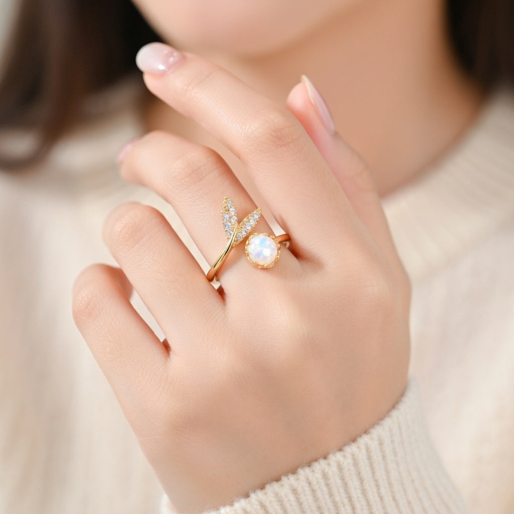 Lauren, Stainless Steel Geometric Leaf PVD Coated, Gold Plated Elegant Retro, Waterproof Non Tarnish Plating Open Rings