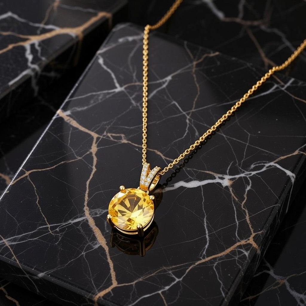 Cindy, Yellow Stone Stainless Steel Plating Inlay Zircon Pendant Necklace