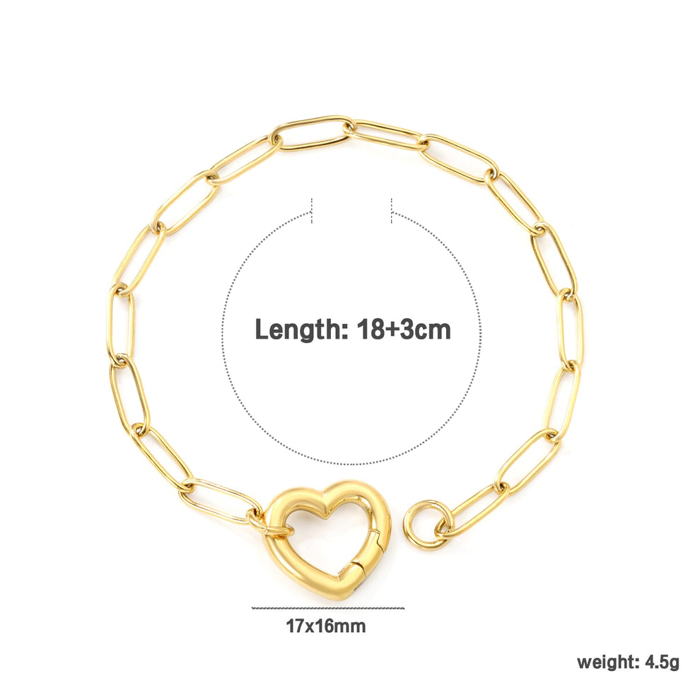 Big Heart Wire Style Bracelet, 3*17*16mm Peach Heart Clasp Accessory 18+3cm+6mm Round Plaque, Stainless steel +18K Gold  Plated